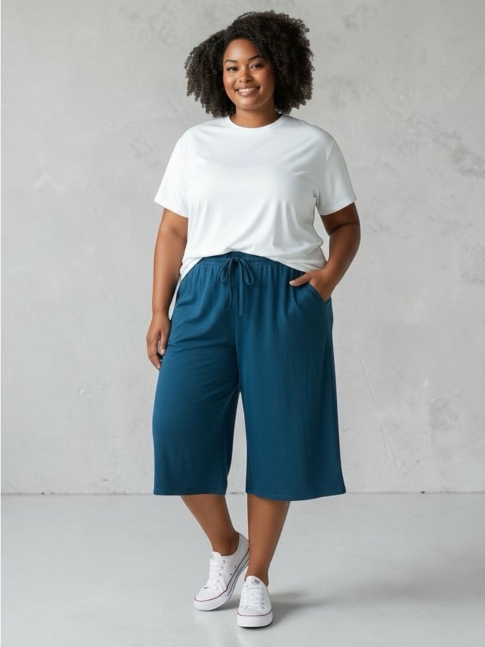 4XL Women’s Teal Wide Leg Capri Pants Drawstring Elastic Waist Boho Hippie Y2K - Picture 2 of 11